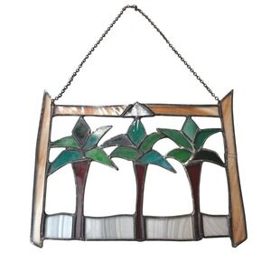 Vintage Stained Glass Palm Tree Suncatcher Tropical Coastal Window Hang 8x6 K1